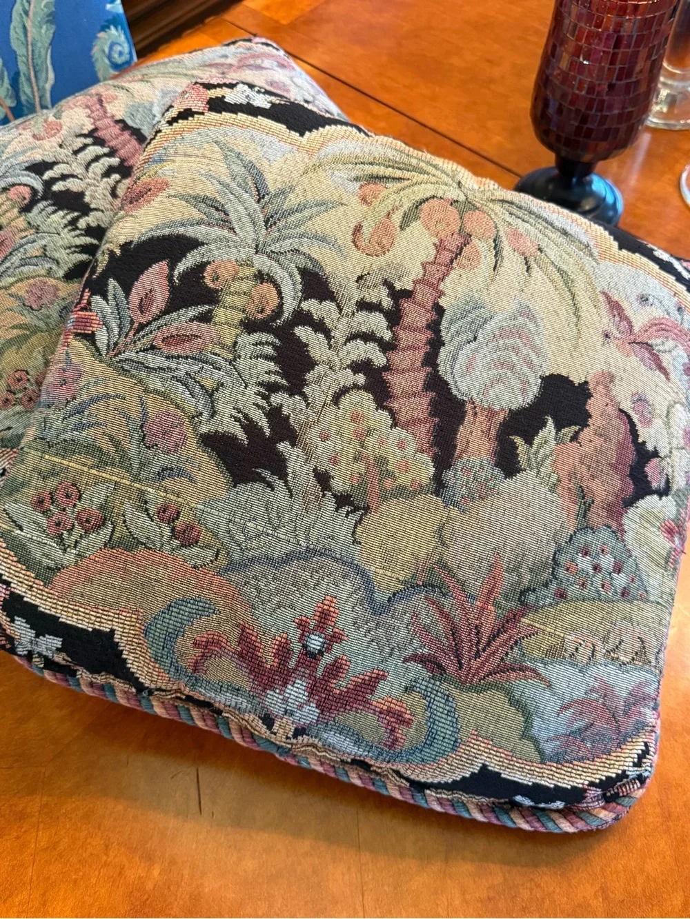 Vintage Aubusson Tapestry Needlepoint Palm Tree Pillows 18x18 - Pair